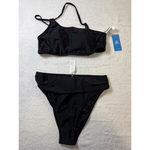 CUPSHE Black One Shoulder Bikini Swimsuit‎ Set High Waisted Bottoms Size M